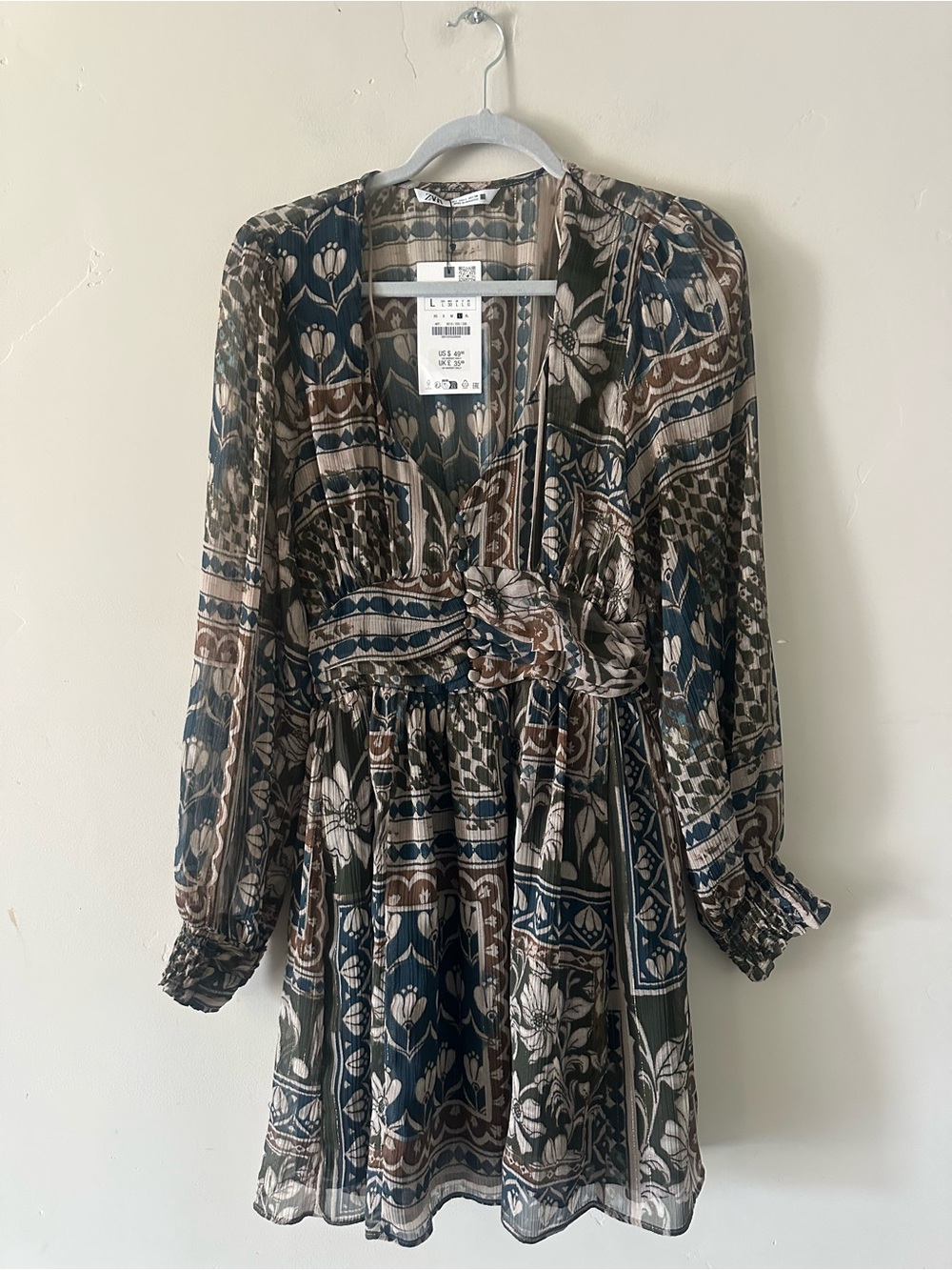 Zara Long Sleeve Floral-Print Mini Dress in Olive, Navy & Brown